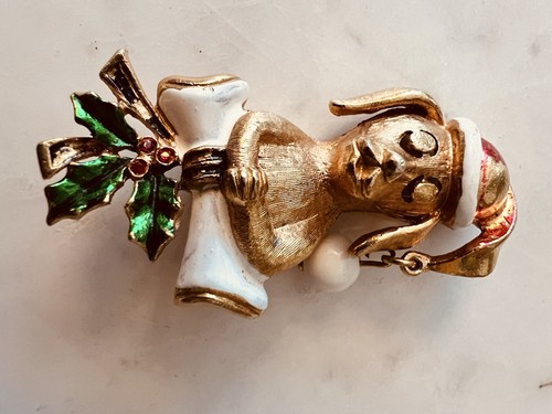 Vintage Dog Puppy Brooch Rhinestones Christmas 2.25 Inches Corel Brand - Afbeelding 2 van 7