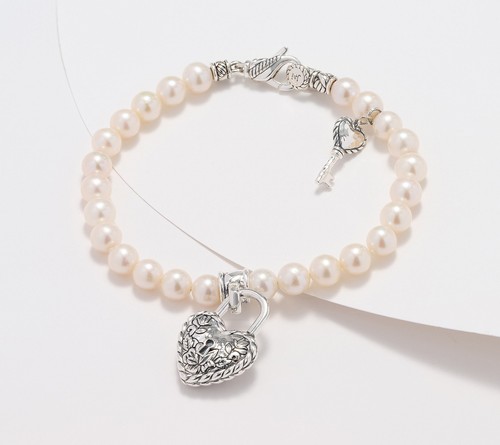 JAI Sterlingsilber Italien Herz Schloss Zuchtperlen Armband, 7-1/4'