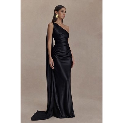 BCBGMaxAzria Chic Black One-Shoulder Briar Satin Maxi Gown w/ Side Slit NWT US 4