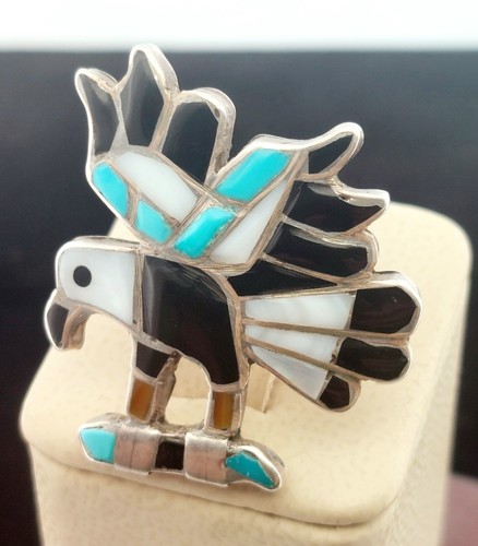Vintage Indianer Zuni Adler Sterlingsilber Inlay Ring-Größe 5,75 - Bild 3 von 7