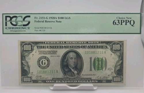 1928-A $100 LGS FRN Chicago Fr. 2151-G PCGS 63 PPQ Choice New  - Picture 1 of 2