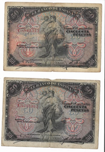 SPAIN: 50 PESETAS ALFONSO XII (ALLEGORIES). YEAR 1906. WITH SERIES. RC+. SCARCE.