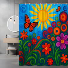 Colorful Floral Shower Curtain with Butterflies and Sun Design