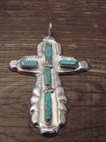 Zuni Indian Cast Sterling Silver Turquoise Cross Pendant by C. Iule - Picture 1 of 5