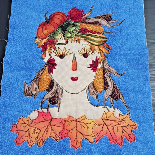 Quilt Block Machine Embroidered Autumn Scarecrow Lady 13"x18" - Picture 2 of 17