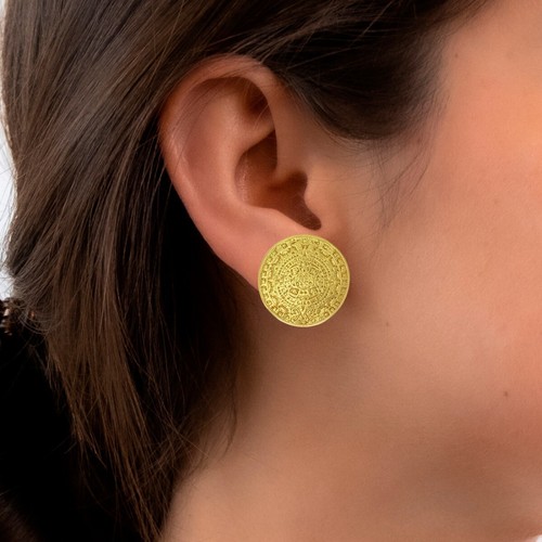 24k GP Pre-Columbian Aztec Solar Calendar Earrings| Across The Puddle - Picture 4 of 5