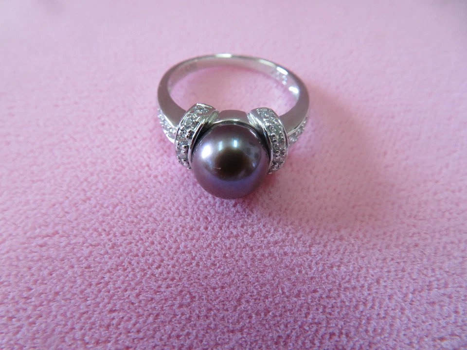 Ross Simons Plata de Ley 925 8,7 mm Perla Negra con Anillo Circonita Talla 8 - 4,48 G Foto 3 de 4