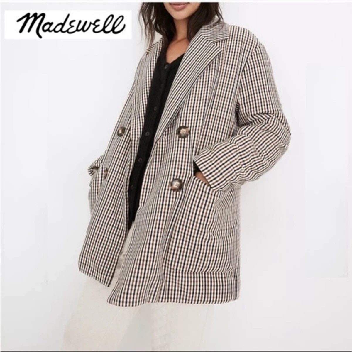 NEW Madewell Double Breasted Plaid Padded Oversized Blazer Jacket