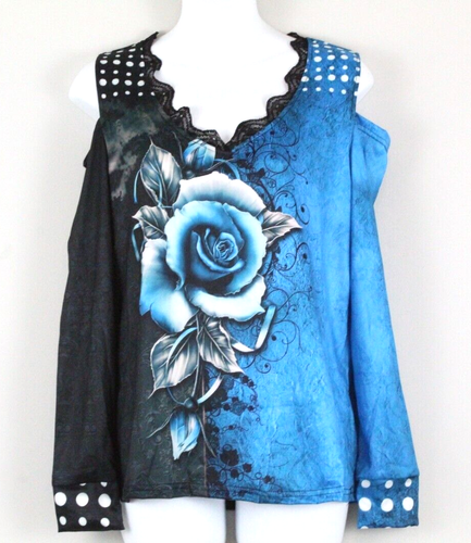 Women Long Sleeve Cold Shoulder V-Neck Top Rose Print Size Medium Black/Blue NWT - Foto 1 di 8