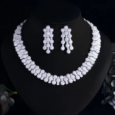 Chic Silver Plated CZ Tennis Round Wedding Necklace Earrings Luxury Jewelry Set