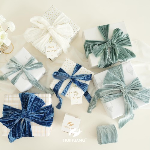 Dusty Blue Velvet Ribbon 3 inch Crinkled Frayed Velvet Ribbon Fringe Silk Vel... - Picture 7 of 8