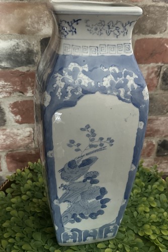 "Florero floral chino vintage con flores de pájaros azules y blancos porcelana de 14,5""" - Imagen 16 de 20