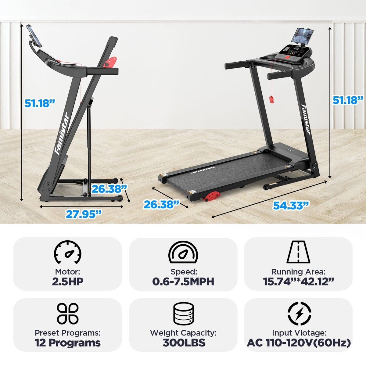 Folding Treadmill for Home, Adjustable Incline 64+3+3+1