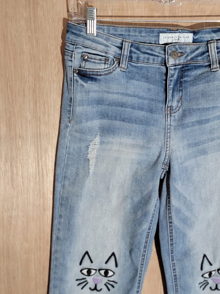 Vaqueros Celebrity Rosa Niñas Talla 16 Ajustados Elásticos Bordados Gato tiro medio Azul Foto 2 de 4