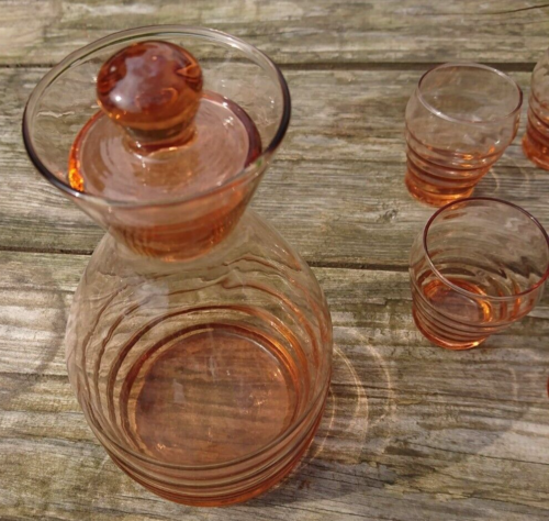 Vintage Service à Liqueur ancien verre rosé ambré carafe et 6 verres Art Déco - Foto 7 di 10