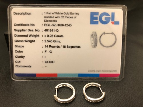NEW & Officially Graded! Authentic 14K WHITE GOLD .25ct 32 DIAMOND Hoop Earrings