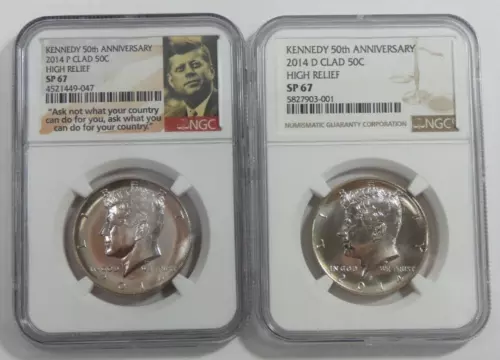 2014-P & 2014-D Clad 50c Kennedy 50th Anniversary High Relief NGC SP 67