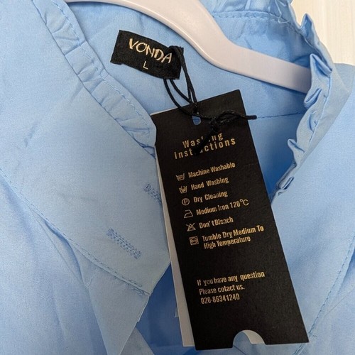 Vonda Light Blue Ruffle Collar Balloon Sleeve Button Down Blouse Women's L NWT - Picture 4 of 10
