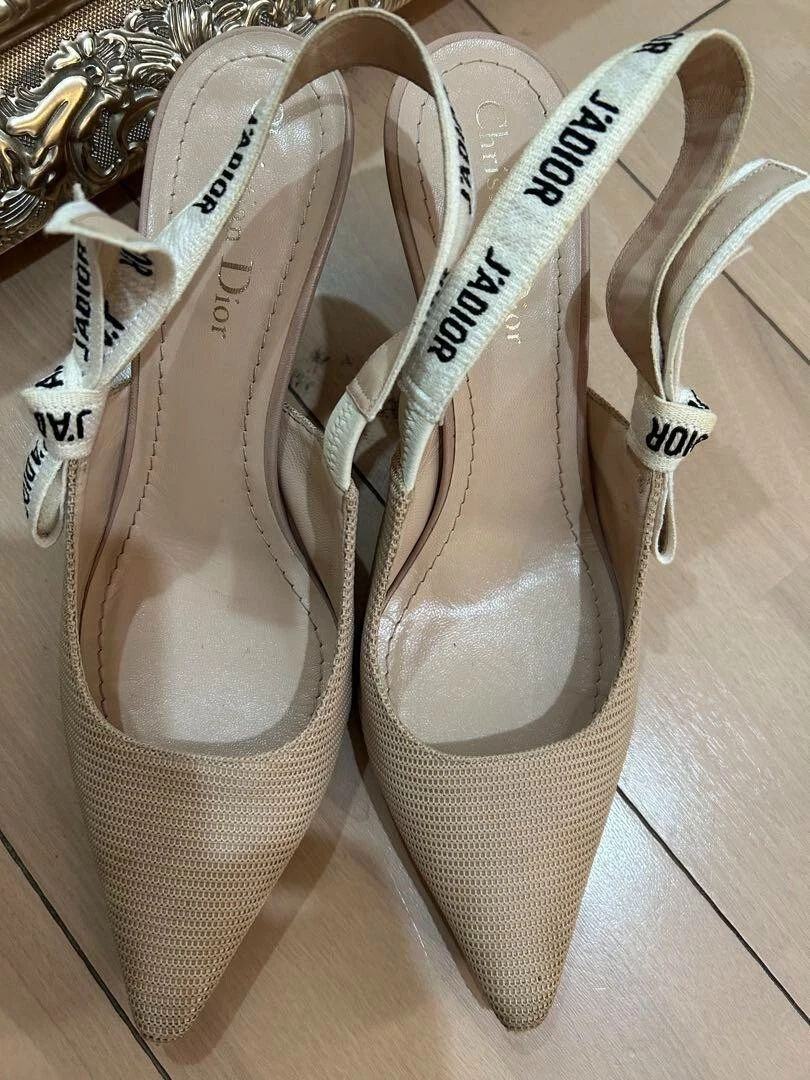 Pompe en tissu toile et ruban Christian Dior J'adior élingue beige (38)