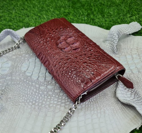 Real Crocodile Brown Long Strap Purse Clutch Wallet Leather Large Capacity - Picture 2 of 11