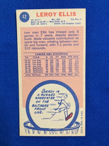 1969-70 Topps Basketball LEROY ELLIS - Baltimore  42 nice! - Picture 2 of 2