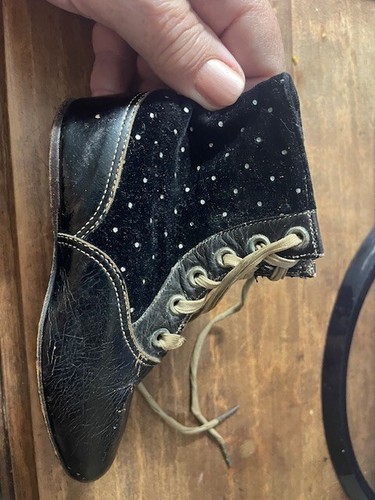 Vintage Antique Toddler Shoes Boots velvet dot Leather Lace Up 3" Tall 5" long - Picture 8 of 13