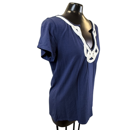 Lilly Pulitzer Navy Blue Short Sleeve Top With White V-Neck Braided Detail Small - Picture 2 of 9