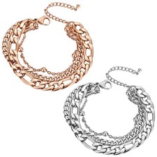 Men Women Cuban Figaro Layer Chain Stainless Steel Bracelet Adjustable 6.3"-8.3"