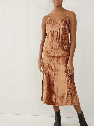 Anthropologie Lucie Embroidered Velvet Slip Dress Burnt Orange, Women's Size 4 - Picture 1 of 22