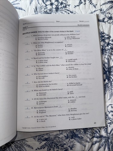 Abeka World Literature Teacher Quiz/ Test Key & Student Quizzes/ Test 10th Grade - Picture 4 of 7