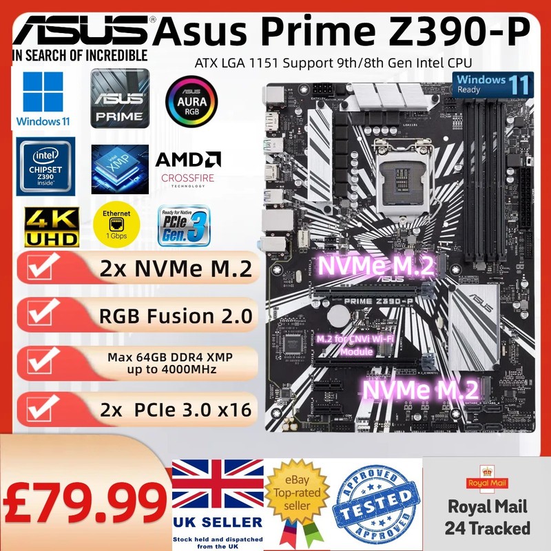 ASUS PRIME Z390-P LGA1151 ATX Motherboard Dual NVMe M.2 For 8th 9th Gen i9 i7 i5
