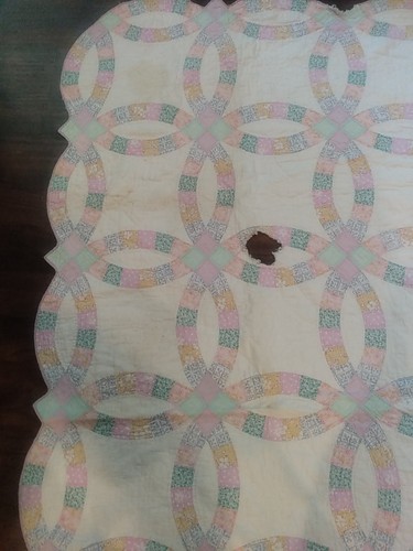 Antique Patchwork Quilt Double Wedding Ring Pastels As Is for Repair ~72x75" - Picture 6 of 13