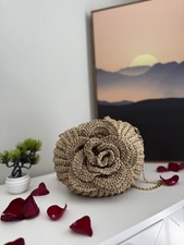 Handmade Golden Handle Bag Crochet Flower Accent