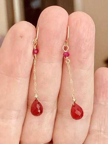 14k Solid Yellow Gold Dangle Earrings Natural Ruby - Picture 4 of 6