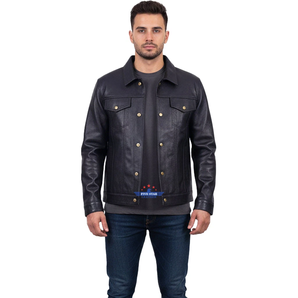 Men Trucker Real Goatskin Classic Western Denim Style Dark Brown Leather Jacket