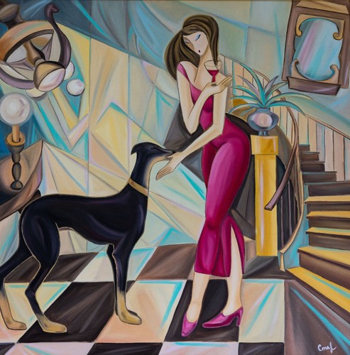 Handmade Original Acrylic Painting – Huge 36x36 – "Woman with a Dog" – Framed - Picture 2 of 2