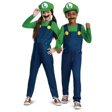 Super Mario Kids Luigi Halloween Costume Jumpsuit Hat Mustache 7-8 Medium