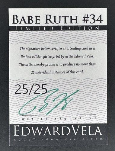 Babe Ruth #34 Edward Vela 2017 Limited Edition ARTIST SIGNED Giclee Print 25/25 - Picture 2 of 2