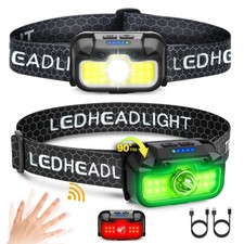2 Pack Headlamp Rechargeable, 1300 Lumen Lightweight Bright with White Green ...