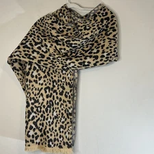 Leopard Print Blanket Scarf Fringe Tan Black Animal Print 80” X 25” Mob Wife