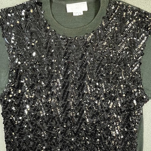 Vintage Delaware Street Damen Pailletten Party Top Schwarz Kurzarm Made USA L - Bild 2 von 7
