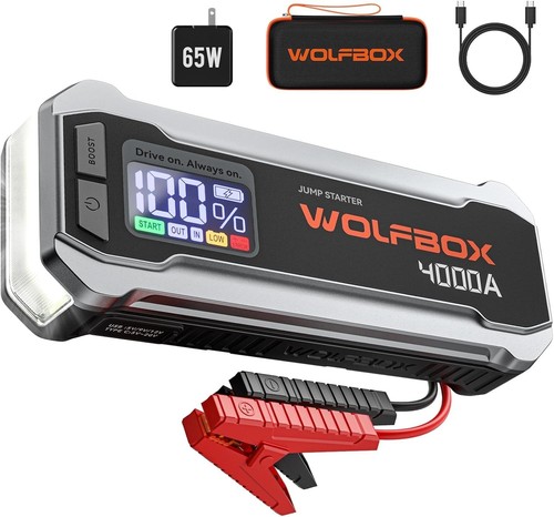 WOLFBOX 4000A Jump Starter 12V Car Battery Jump Pack, 65W Quick Charger 24000mAh