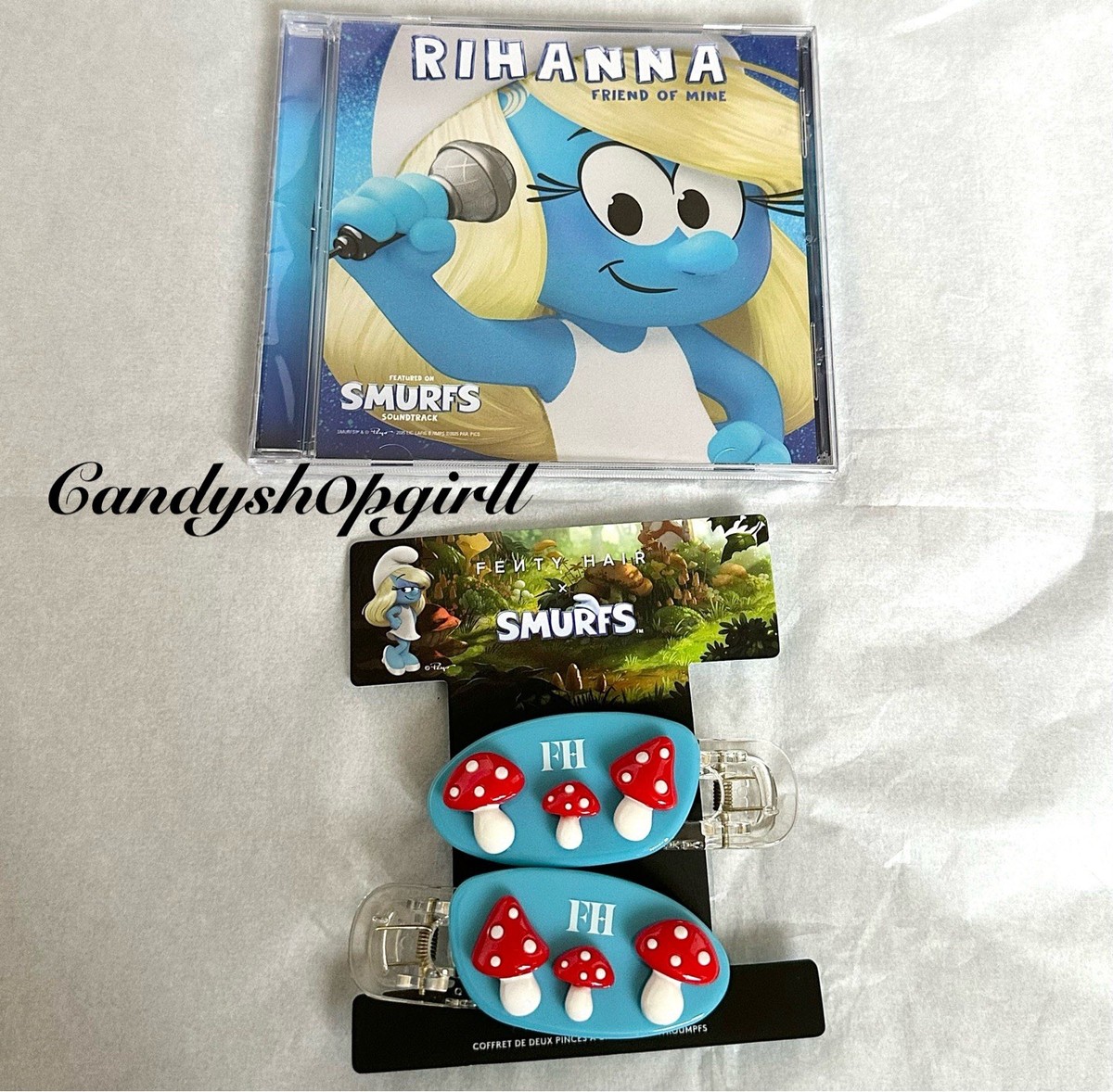 NEW LIMITED 2PC FENTY x SMURFS Mushroom Hair Clips & CD  display picture 1