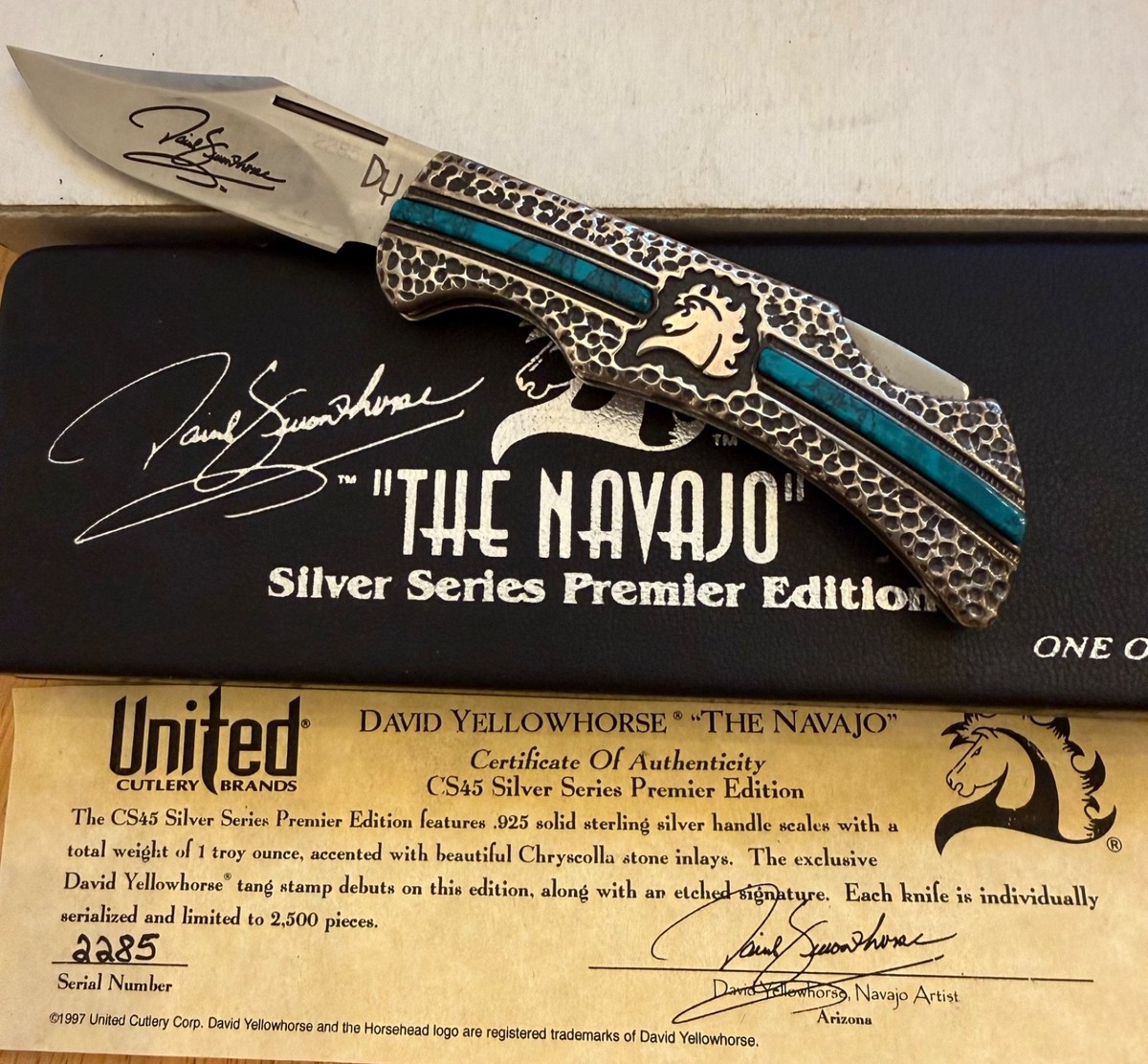 RARE DAVID YELLOWHORSE STERLING SILVER THE NAVAJO KNIFE NEVER USED