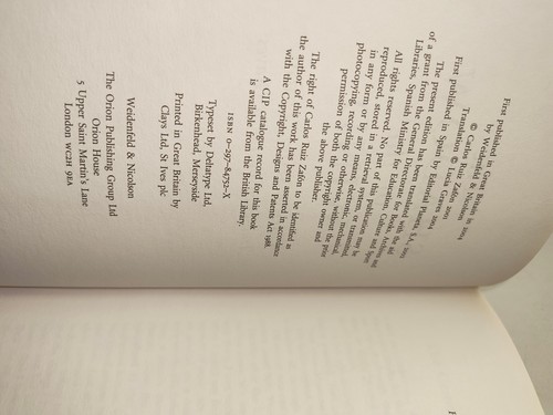 Carlos Ruiz Zafon: The Shadow of the Wind. First Edition/First Printing Hardback - Picture 6 of 6