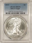 2012 $1 AMERICAN SILVER EAGLE, 1 OZ .999 - PCGS MS-70