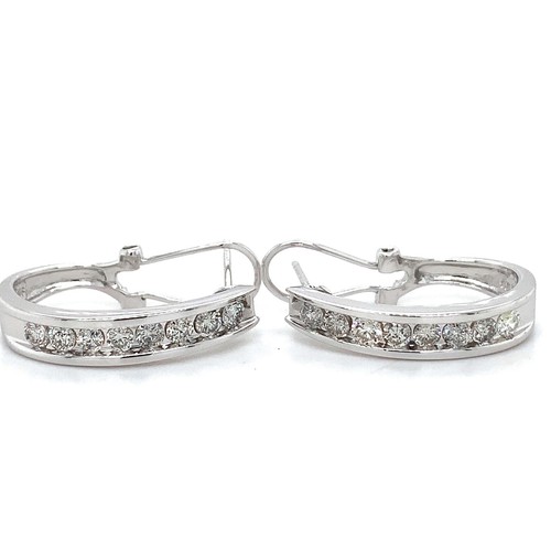 14K White Gold Round Diamond Tapered J-Hoop Omega Pierced Earrings - Picture 3 of 13
