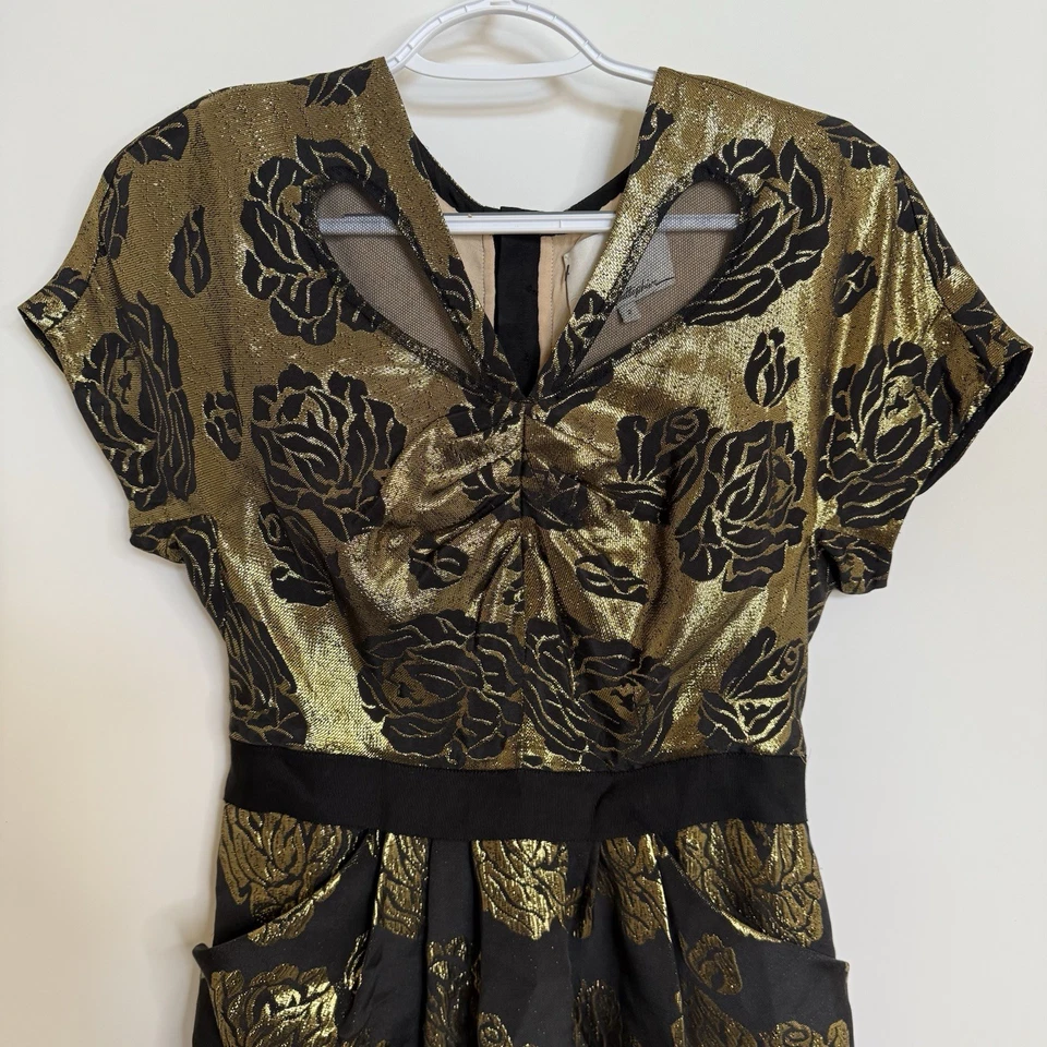 Vestido midi 3.1 Phillip Lim metálico floral mezcla seda negro dorado talla 2 Foto 2 de 4