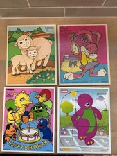 Vintage Playskool Wooden Tray Puzzles Lot of 4 Sesame Street Barney Babs Sheep