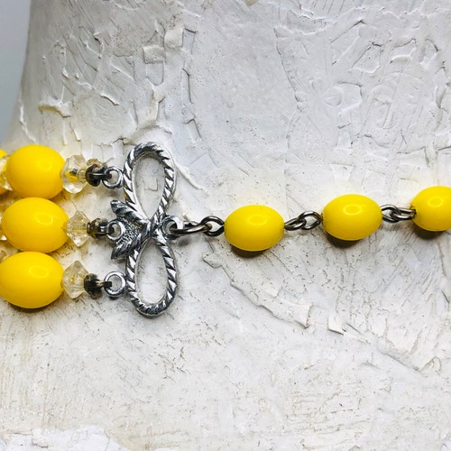 Vtg Silver Tone Beaded Collar Necklace Yellow Retro 1960s 3 Strand Costume - Picture 4 of 8